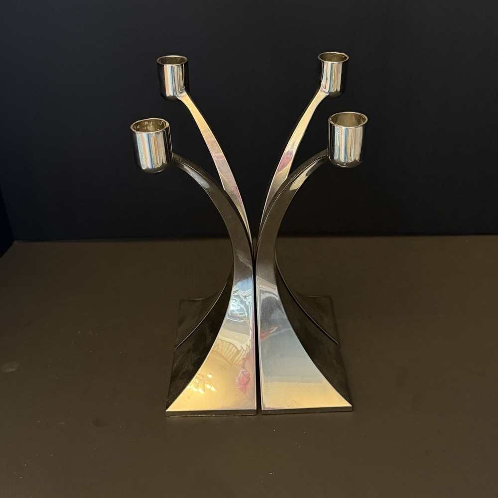 Vtg Set of 4 Chrome Plated Danish Style Freeform Arched Candlesticks MCM